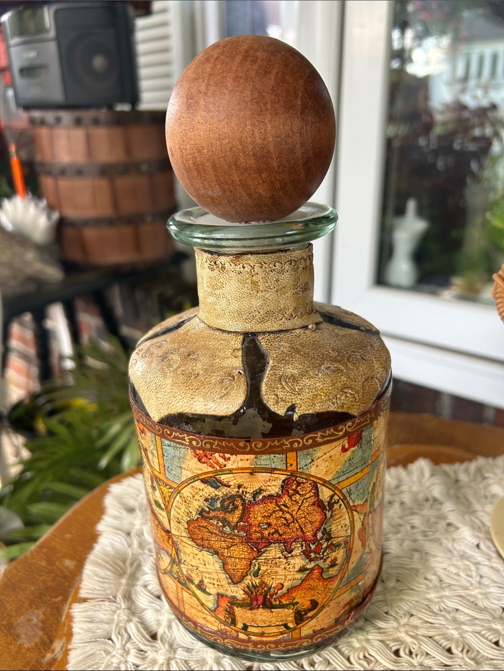 Vintage Leather Wrapped Map Glass Decanter with Wooden Stopper